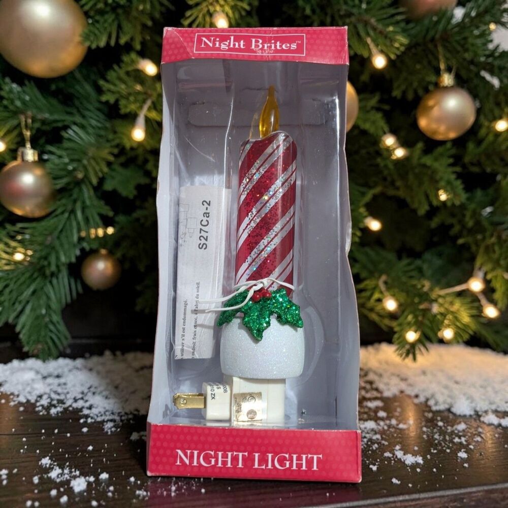 Night Brites Christmas Candle Night Light Red White Glitter Holly Swirl Decor